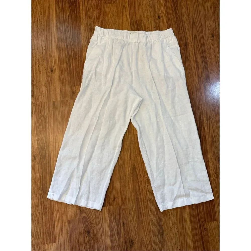 Cynthia Rowley Women's 100% Linen Wide Leg Cropped Pull-on Pants White XL